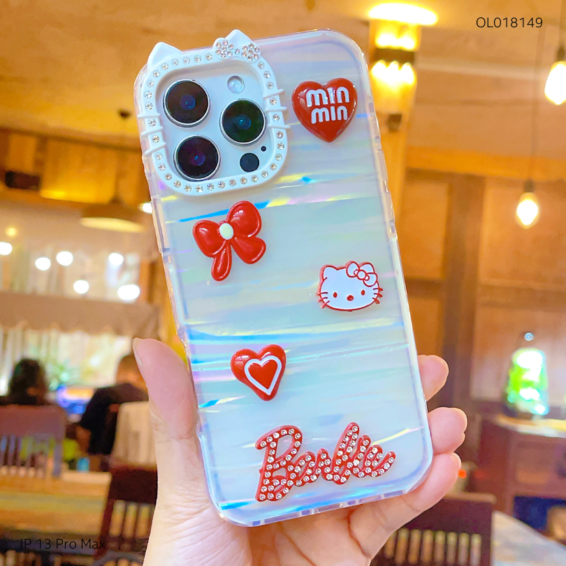 ** Ốp IP 13 Pro Max lưng thạch anh viền Kitty charm đỏ