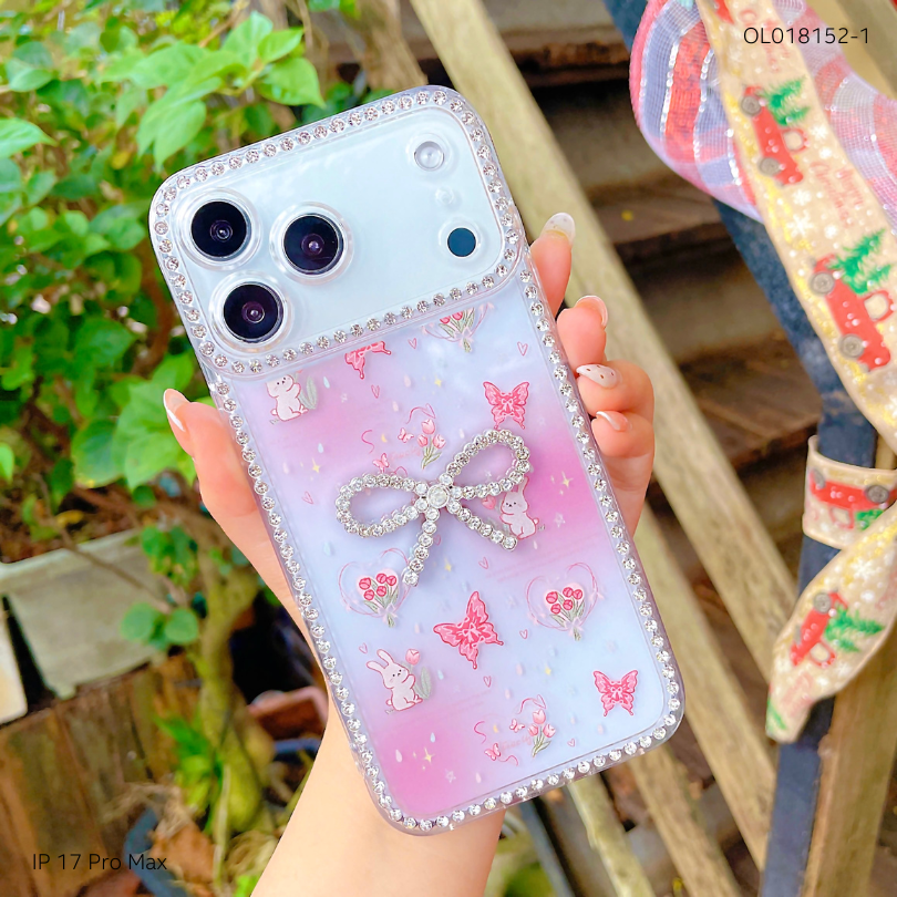 Ốp IP 17 Pro Max lưng dẻo charm nơ viền đính đá nhiều hình