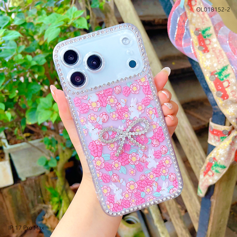Ốp IP 17 Pro Max lưng dẻo charm nơ viền đính đá nhiều hình