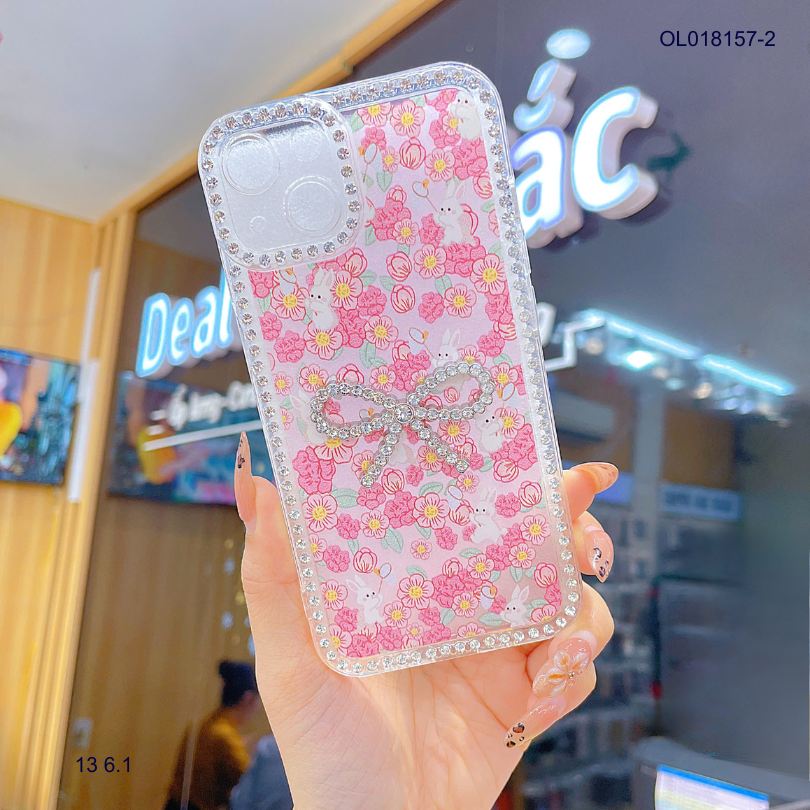 Ốp IP 13 6.1 lưng dẻo charm nơ viền đính đá nhiều hình