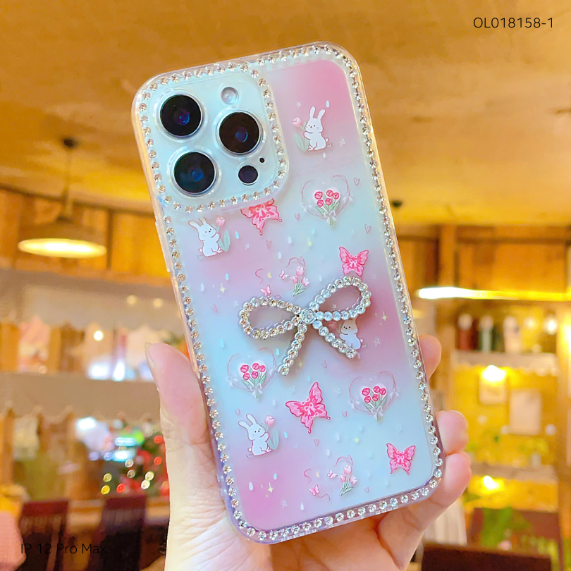 Ốp IP 12 Pro Max lưng dẻo charm nơ viền đính đá nhiều hình