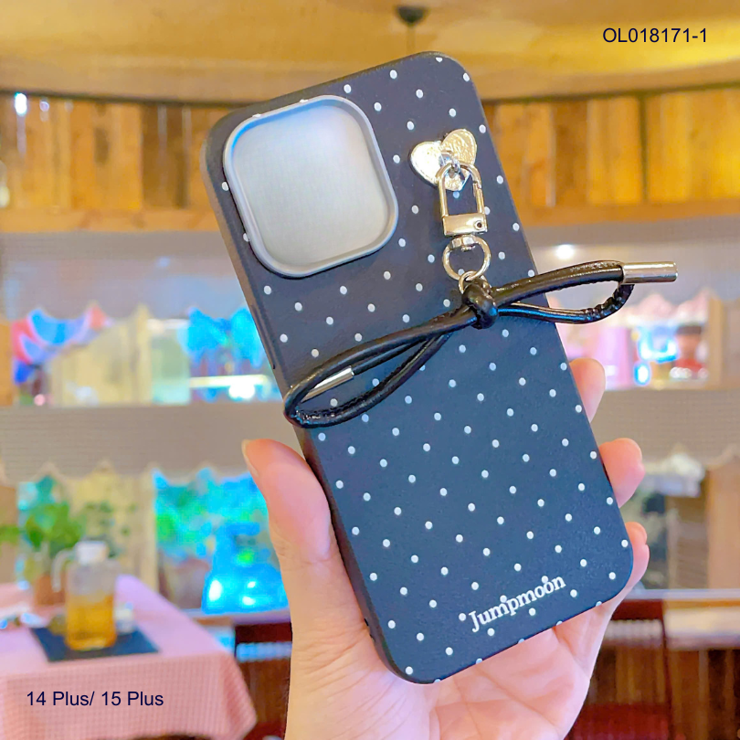 ỐP IP 14 Plus/15 Plus vân sần chấm bi charm nơ dây