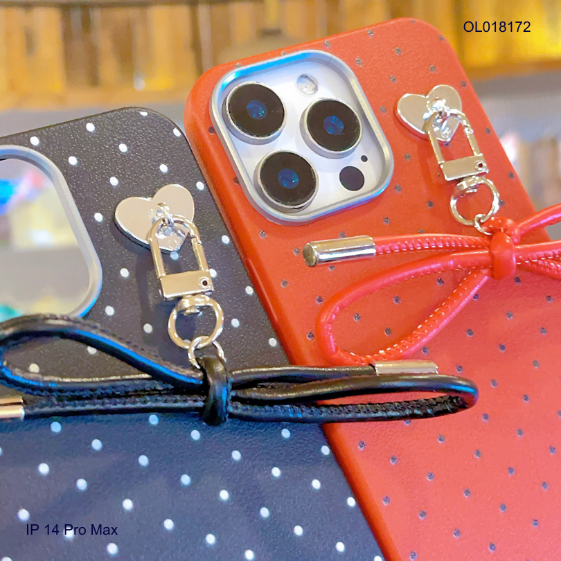 ỐP IP 14 Pro Max vân sần chấm bi charm nơ dây