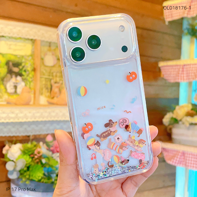 ** Ốp IP 17 Pro Max lưng nhũ nước kim tuyến kèm charm