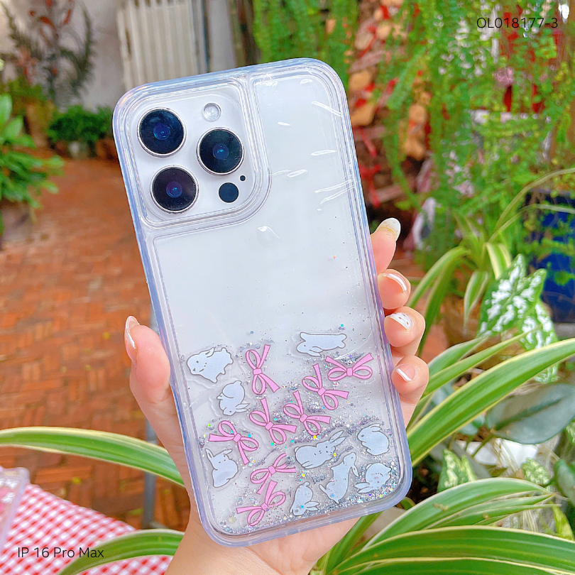 ** Ốp IP 16 Pro Max lưng nhũ nước kim tuyến kèm charm