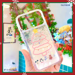 Ốp IP 17 Pro Max nhũ nước cát trắng cây thông noel hồng
