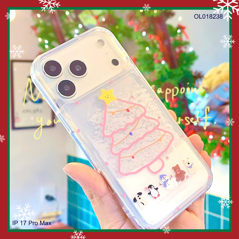 Ốp IP 17 Pro Max nhũ nước cát trắng cây thông noel hồng