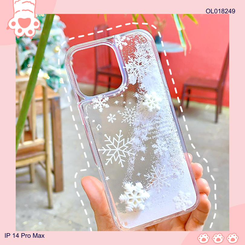 Ốp IP 14 Pro Max nhũ nước charm nổi bông tuyết trắng