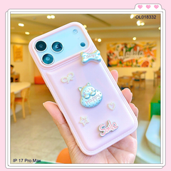 ** Ốp IP 17 Pro Max vân da phồng nền hồng charm nổi Mèo Happy