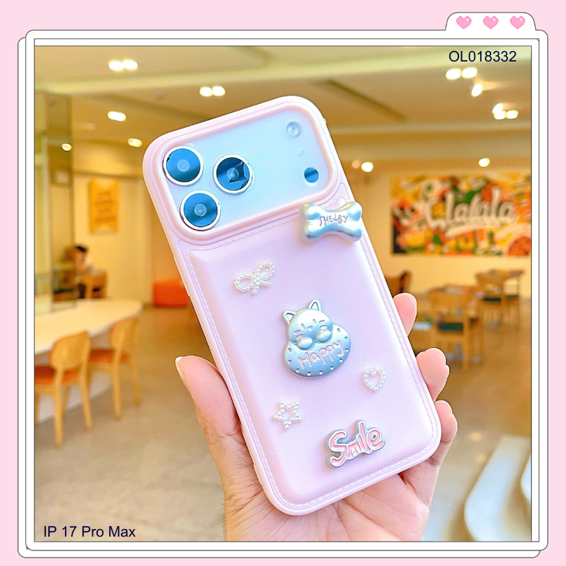 ** Ốp IP 17 Pro Max vân da phồng nền hồng charm nổi Mèo Happy