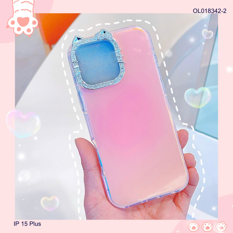 ** Ốp IP 15 Plus viền camera Kitty đá nền trơn ánh kim