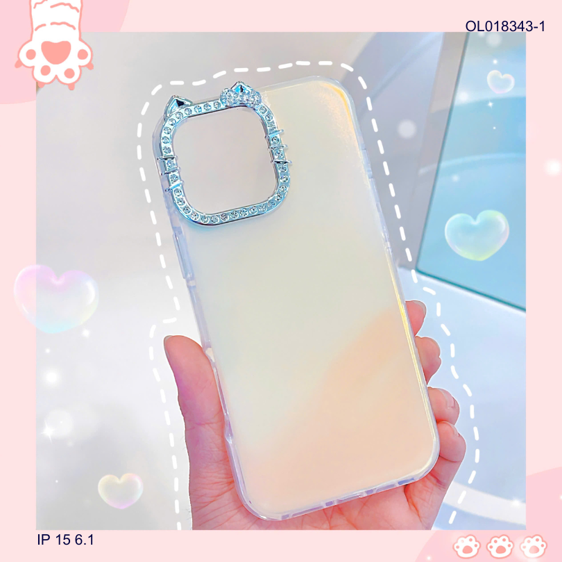 ** Ốp IP 15 6.1 viền camera Kitty đá nền trơn ánh kim