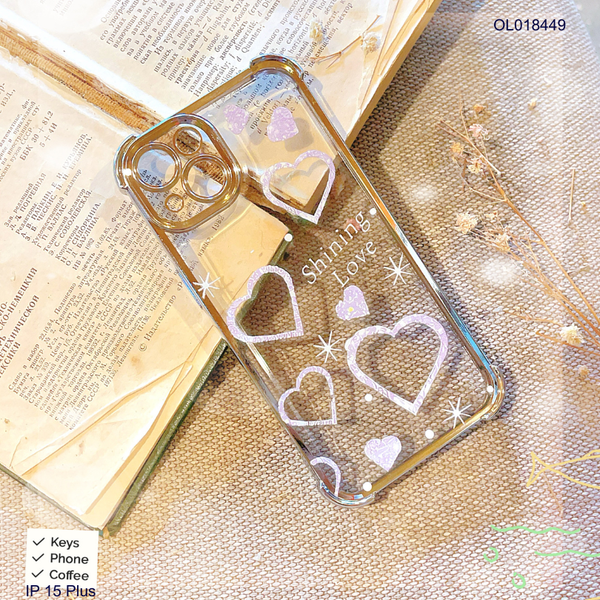 ** Ốp IP 15 Plus dẻo viền xi chống sốc in hình trái tim Shining Love