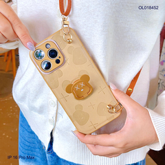 ** Ốp IP 16 Pro Max vân da nâu gấu bearbrick kèm dây đeo