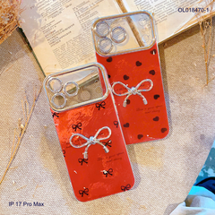 Ốp IP 17 Pro Max vân đá nền đỏ đính nơ bạc