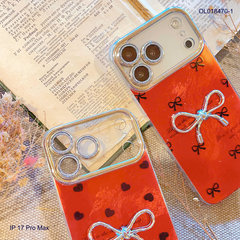 Ốp IP 17 Pro Max vân đá nền đỏ đính nơ bạc