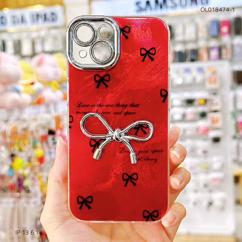 Ốp IP 13 6.1 vân đá nền đỏ đính nơ bạc