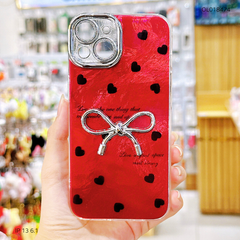 Ốp IP 13 6.1 vân đá nền đỏ đính nơ bạc