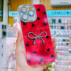 Ốp IP 12 Pro Max vân đá nền đỏ đính nơ bạc