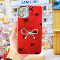 Ốp IP 11 6.1 vân đá nền đỏ đính nơ bạc