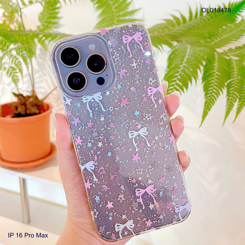 Ốp IP 16 Pro Max lưng trong cứng kim tuyến in ngôi sao và nơ