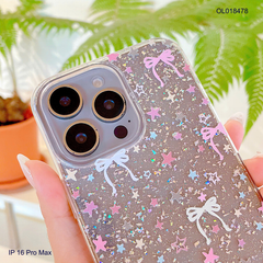 Ốp IP 16 Pro Max lưng trong cứng kim tuyến in ngôi sao và nơ