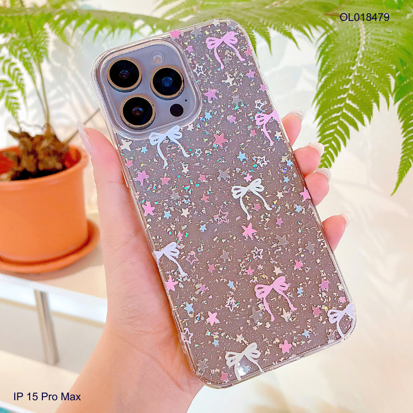 Ốp IP 15 Pro Max lưng trong cứng kim tuyến in ngôi sao và nơ