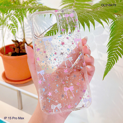 Ốp IP 15 Pro Max lưng trong cứng kim tuyến in ngôi sao và nơ