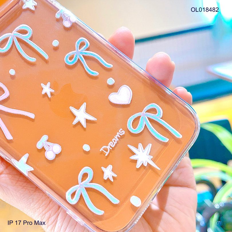 Ốp IP 17 Pro Max dẻo trong in nơ xanh hồng Deams