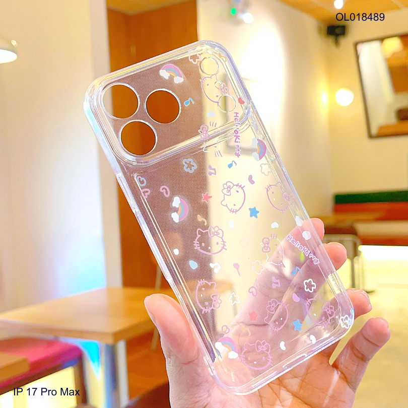 Ốp IP 17 Pro Max dẻo trong mặt Kitty và cầu vồng