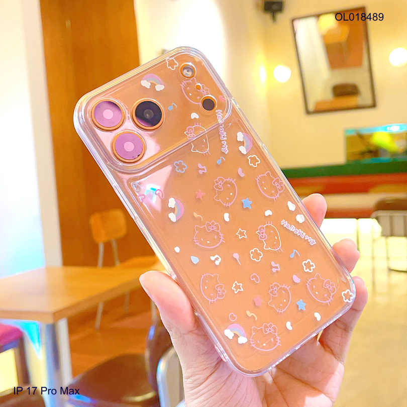 Ốp IP 17 Pro Max dẻo trong mặt Kitty và cầu vồng