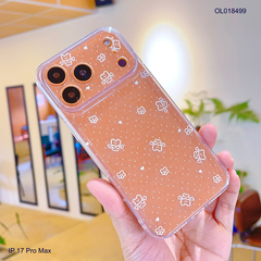 Ốp IP 17 Pro Max dẻo trong in gấu và hoa trắng