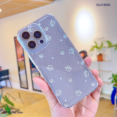 Ốp IP 16 Pro Max dẻo trong in gấu và hoa trắng