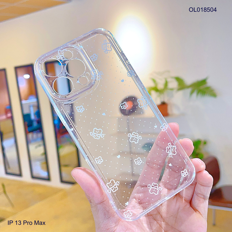 Ốp IP 13 Pro Max dẻo trong in gấu và hoa trắng