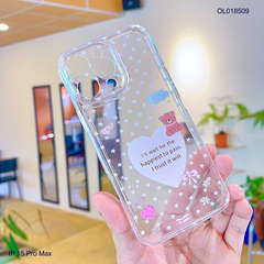 Ốp IP 15 Pro Max dẻo trong in tim lớn và gấu nâu
