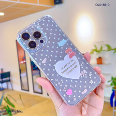 Ốp IP 14 Pro Max dẻo trong in tim lớn và gấu nâu