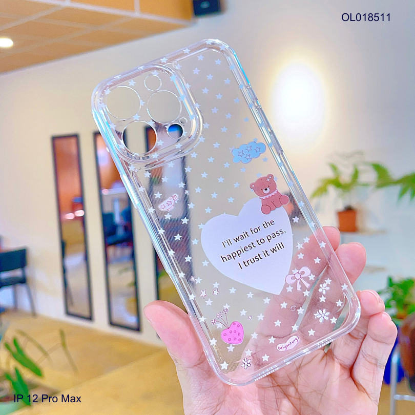 Ốp IP 12 Pro Max dẻo trong in tim lớn và gấu nâu