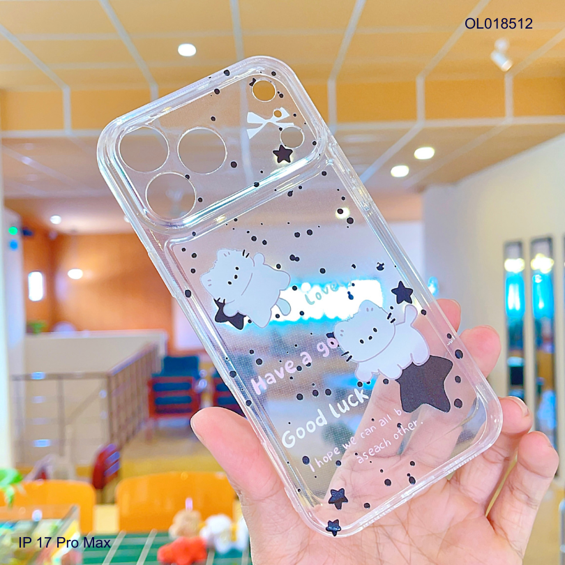 Ốp IP 17 Pro Max dẻo trong in mèo trắng ngôi sao đen