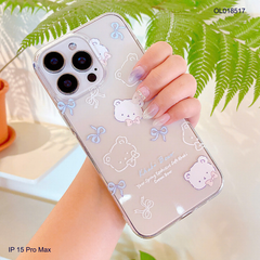 Ốp IP 15 Pro Max dẻo trong in mặt gấu trắng và nơ xanh