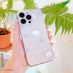Ốp IP 14 Pro Max dẻo trong in mặt gấu trắng và nơ xanh
