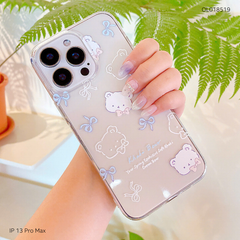 Ốp IP 13 Pro Max dẻo trong in mặt gấu trắng và nơ xanh