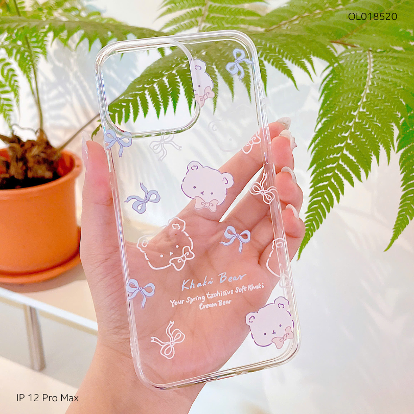 Ốp IP 12 Pro Max dẻo trong in mặt gấu trắng và nơ xanh