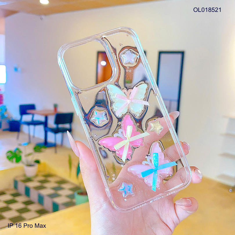 ** Ốp IP 16 Pro Max lưng trong cứng ba bướm và ngôi sao nổi