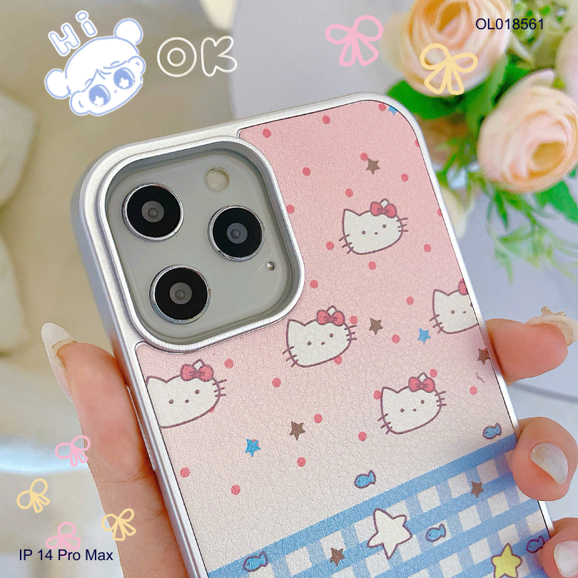 Ốp IP 14 Pro Max vân da viền dẻo xi bạc in nhiều hình