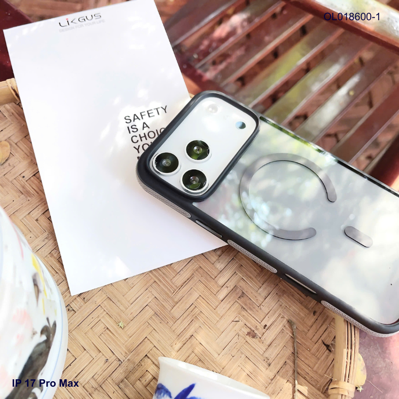 Ốp IP 17 Pro Max Likgus lưng trong đen Magsafe viền màu chống trơn