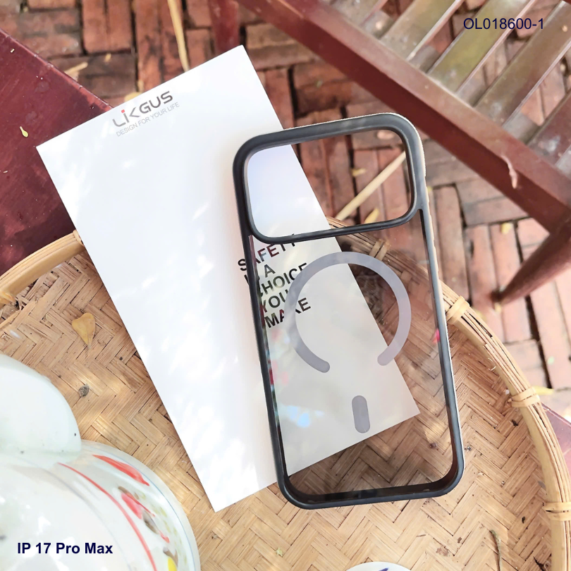 Ốp IP 17 Pro Max Likgus lưng trong đen Magsafe viền màu chống trơn