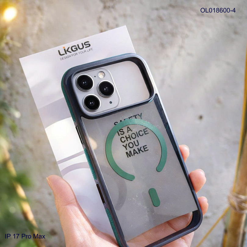 Ốp IP 17 Pro Max Likgus lưng trong đen Magsafe viền màu chống trơn