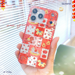 Ốp IP 17 Pro caro nền đỏ ngựa cute và cherry