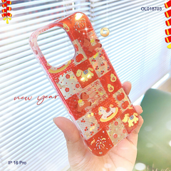 Ốp IP 16 Pro caro nền đỏ ngựa cute và cherry