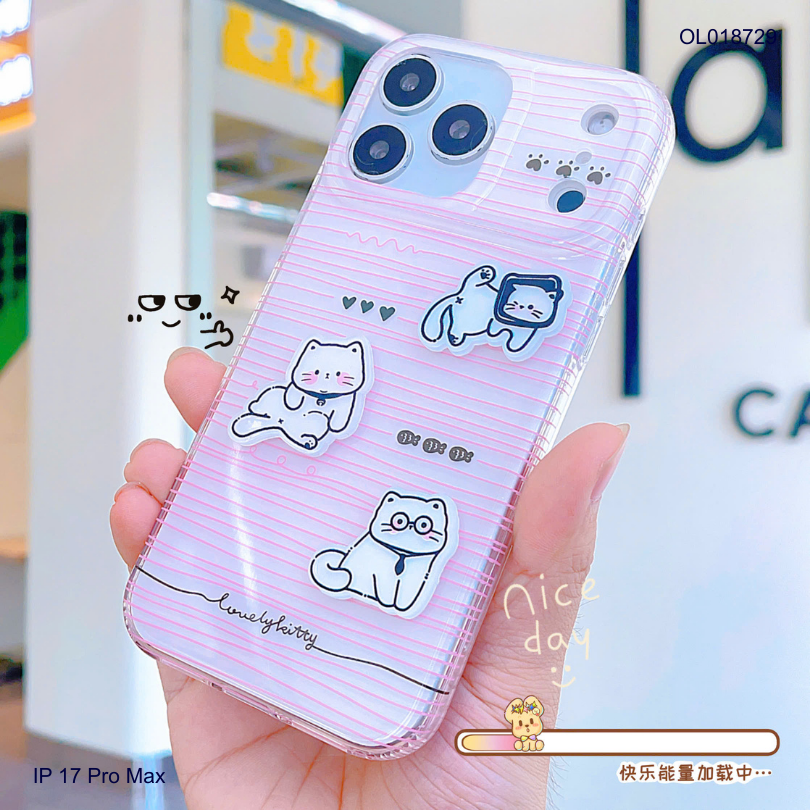 Ốp IP 17 Pro Max sọc hồng charm 3 mèo trắng